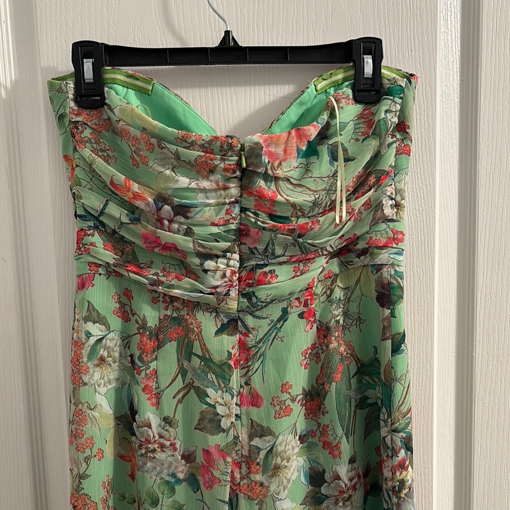 JAYGODFREY Lydia Romper Strapless Pleated Chiffon Green and Pink Floral Pantsuit - Picture 12 of 13